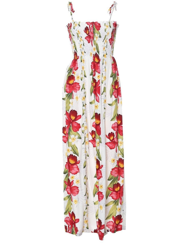 Smock Top Maxi Hawaiian Dress Plumeria Orchid Panel White Fits XS to XL (2-16) Two Palms