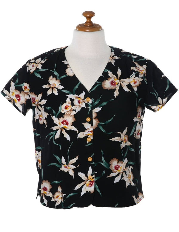 Star Orchid V-Neck Blouse Hawaii Magnum PI Design Black