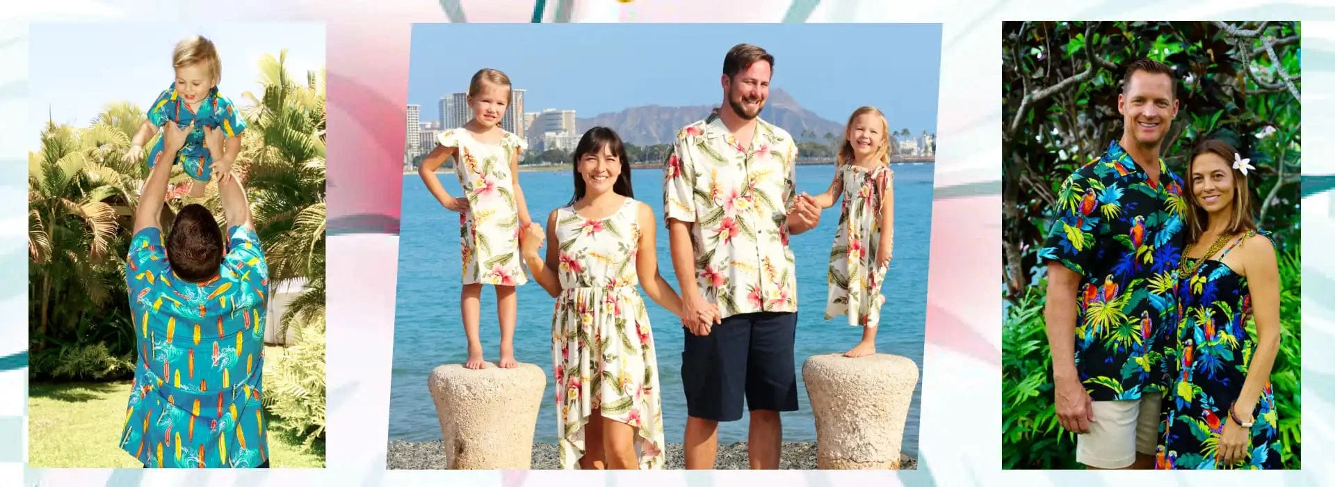 Family wearing colorful Hawaiian-style clothing to match from Shaka Time Hawaii