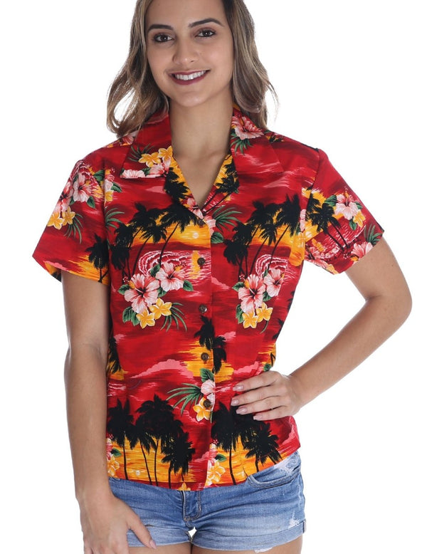 Sunset Design Hawaii Style Women Fitted Blouse Red Pacific Legends