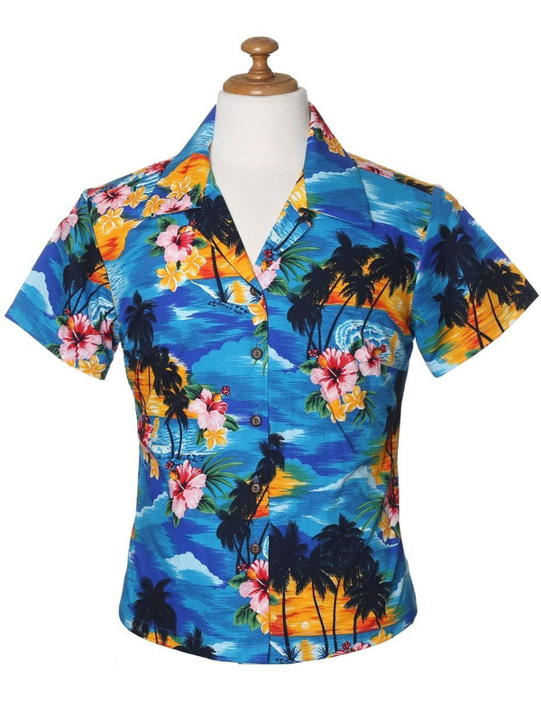 Sunset Design Hawaii Style Women Fitted Blouse Blue Pacific Legends