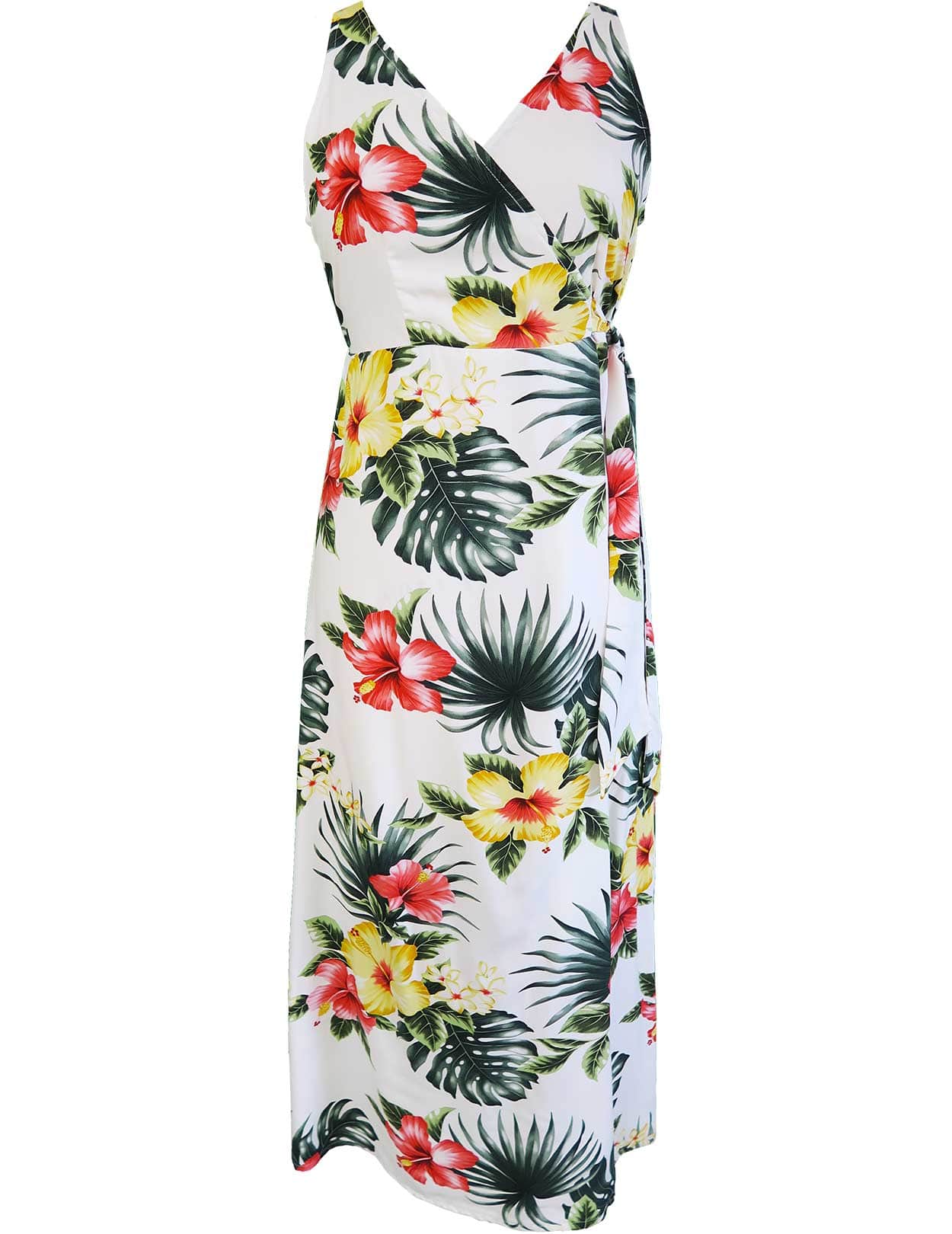 Empire Waist Tea Length Hawaiian Dress Lihue Hibiscus White / S Empire Waist Tea Length Hawaiian Dress Lihue Hibiscus White / S