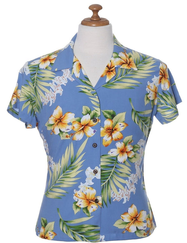 Tuberose Flower Women Hawaiian Fitted Blouse Blue